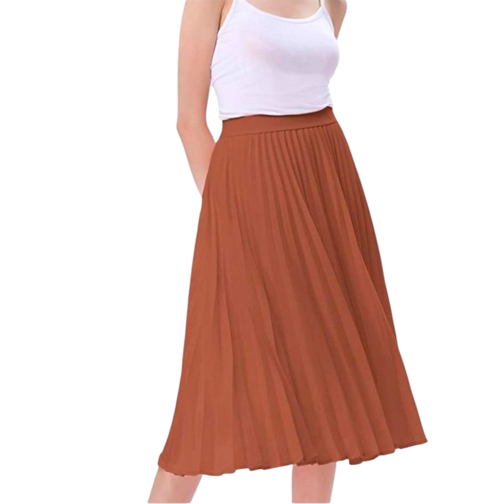 Kate Kasin Rust Pleated Midi Skirt | Size S | Elastic Waistband